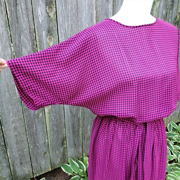 Vintage 80s Toni Todd Pink/Black Houndstooth Dress - Picture 2 of 10